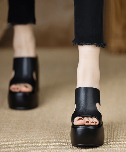 Leather Slide Stylish Heels Wedge Black Cowhide Sandals FashionChic