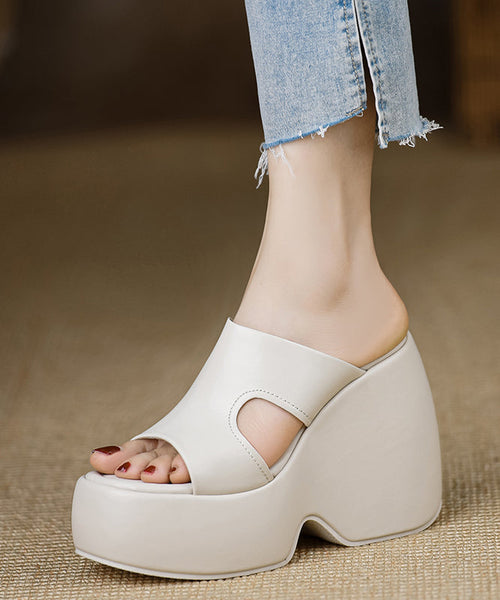 Leather Slide Stylish Heels Wedge Black Cowhide Sandals FashionChic