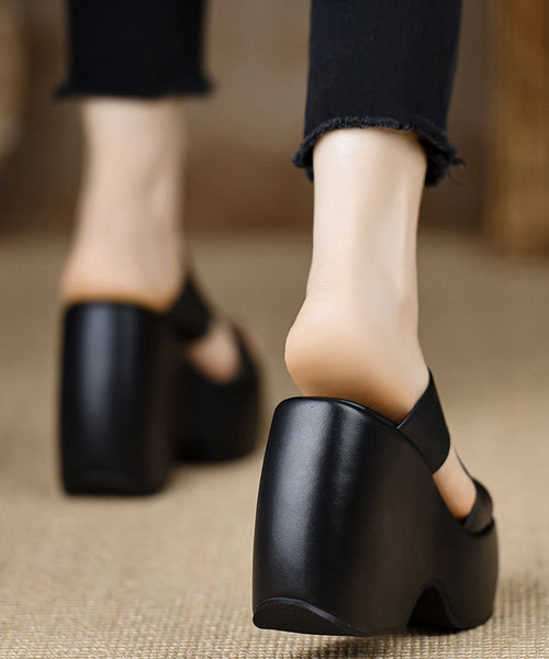 Leather Slide Stylish Heels Wedge Black Cowhide Sandals FashionChic