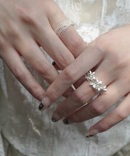 Stylish White Alloy Floral Open Rings QJ010 JEW-RIN241021