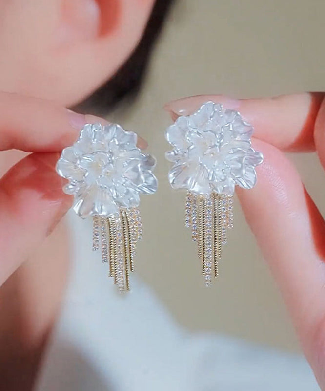 Stylish White Alloy Zircon Floral Tassel Stud Earrings WZ014 ABC