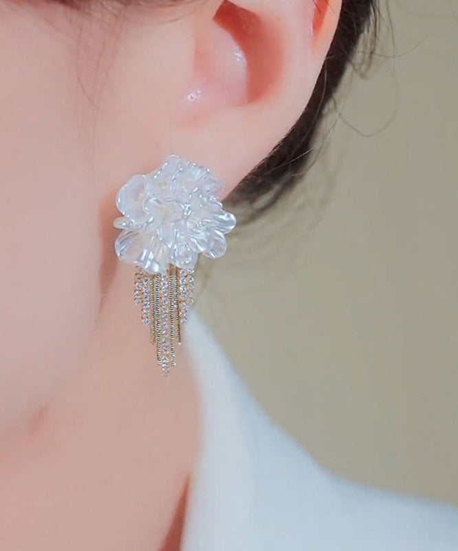 Stylish White Alloy Zircon Floral Tassel Stud Earrings EY016 ABC