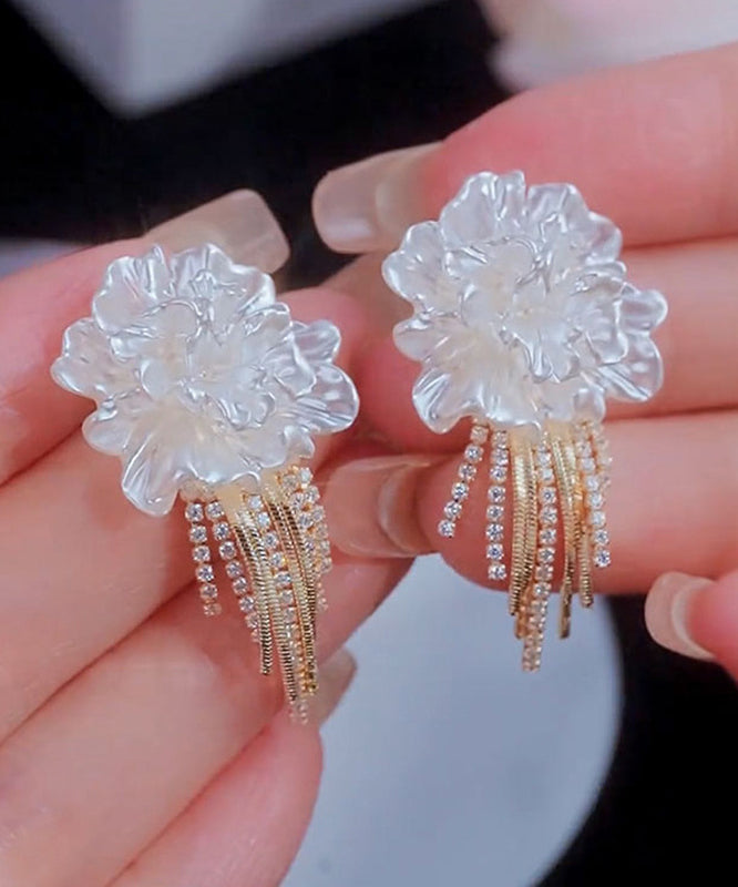 Stylish White Alloy Zircon Floral Tassel Stud Earrings EY016 ABC