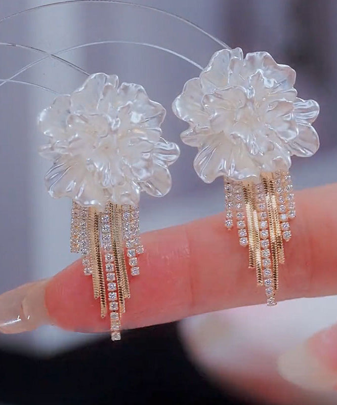 Stylish White Alloy Zircon Floral Tassel Stud Earrings EY016 ABC