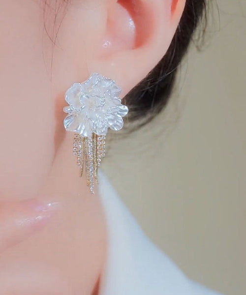 Stylish White Alloy Zircon Floral Tassel Stud Earrings EY016 ABC
