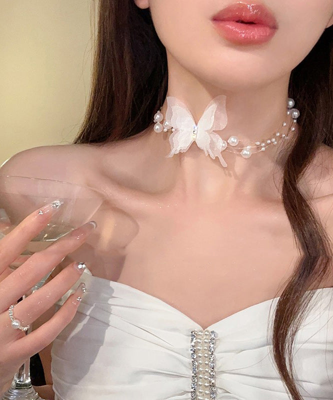 Stylish White Alloy Zircon Pearl Butterfly Necklace YU009 ABC