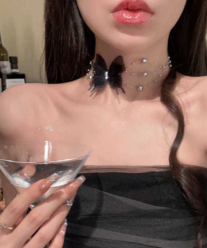 Stylish White Alloy Zircon Pearl Butterfly Necklace YU009 ABC