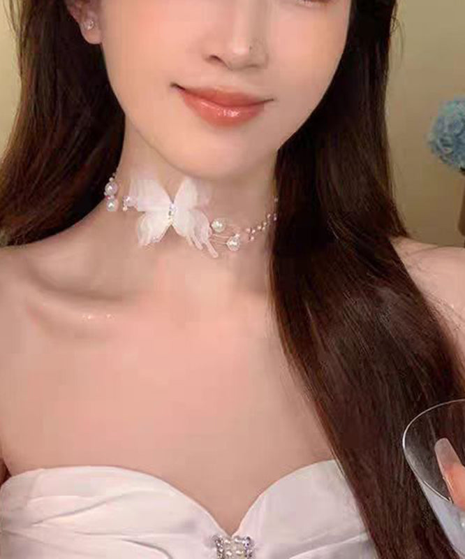 Stylish White Alloy Zircon Pearl Butterfly Necklace YU009 ABC