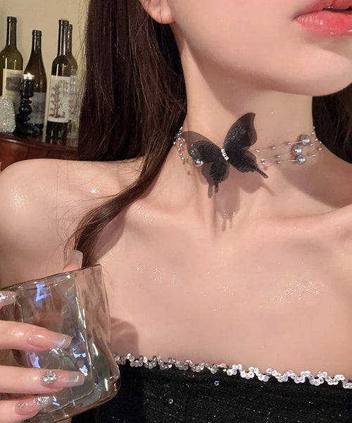 Stylish White Alloy Zircon Pearl Butterfly Necklace YU009 ABC