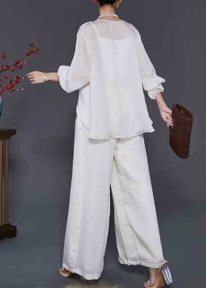 Stylish White Asymmetrical Draping Silk Two Piece Suit Set Spring SD1090 Ada Fashion