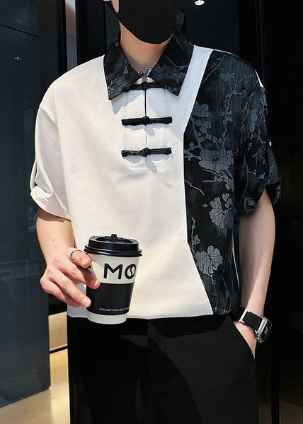 Print Cotton Asymmetrical Mens Polo Patchwork Stylish White FashionChic