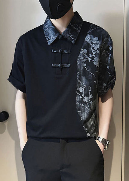 Print Cotton Asymmetrical Mens Polo Patchwork Stylish White FashionChic