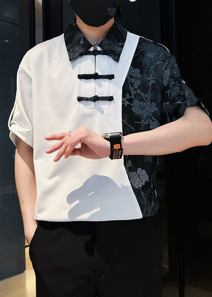 Print Cotton Asymmetrical Mens Polo Patchwork Stylish White FashionChic