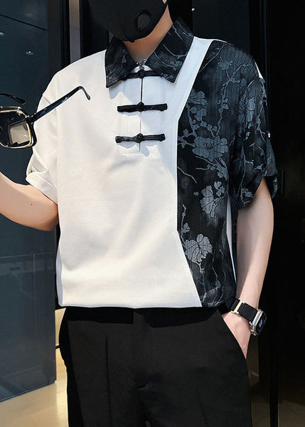 Print Cotton Asymmetrical Mens Polo Patchwork Stylish White FashionChic