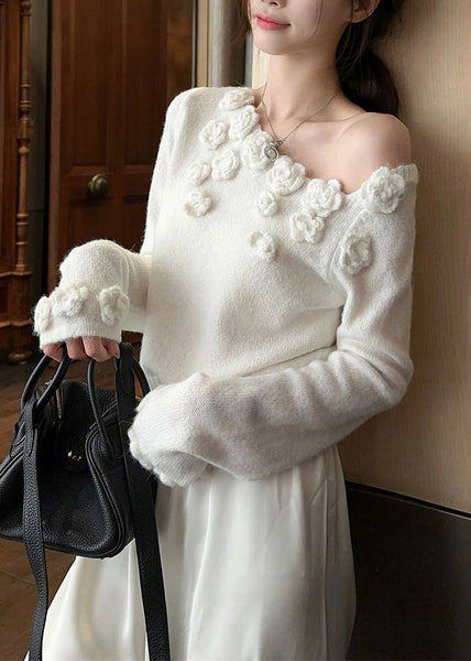 Stylish White Cold Shoulder Solid Knit Sweater Winter WK036 OM-SW241119