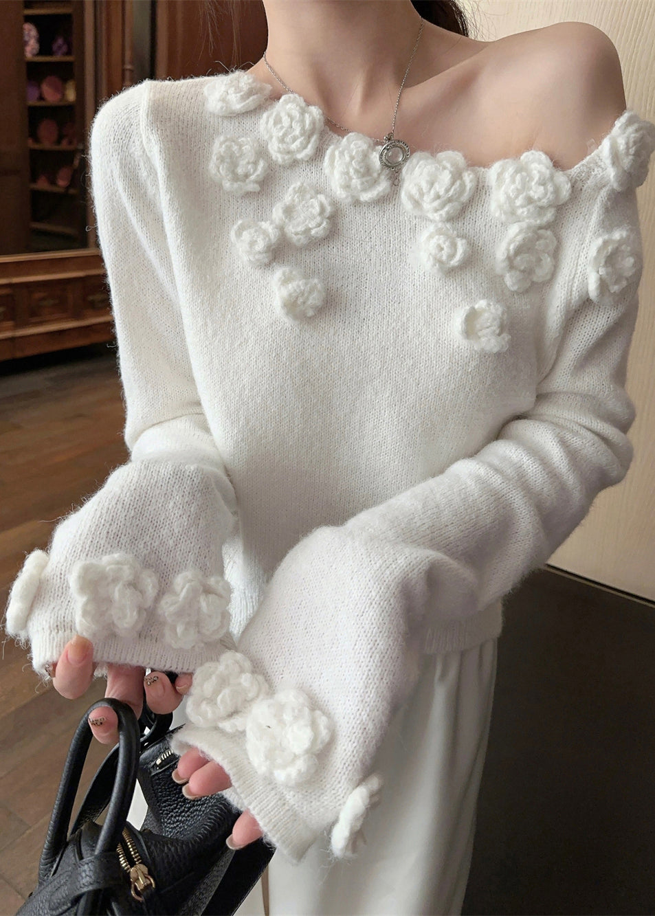 Stylish White Cold Shoulder Solid Knit Sweater Winter WK036 OM-SW241119