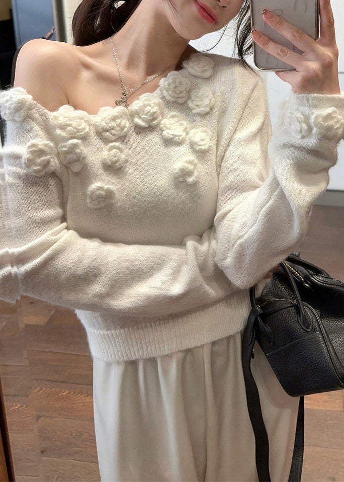 Stylish White Cold Shoulder Solid Knit Sweater Winter WK036 OM-SW241119