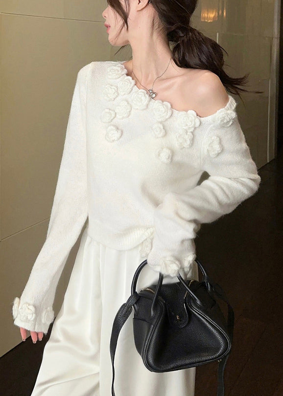 Stylish White Cold Shoulder Solid Knit Sweater Winter WK036 OM-SW241119