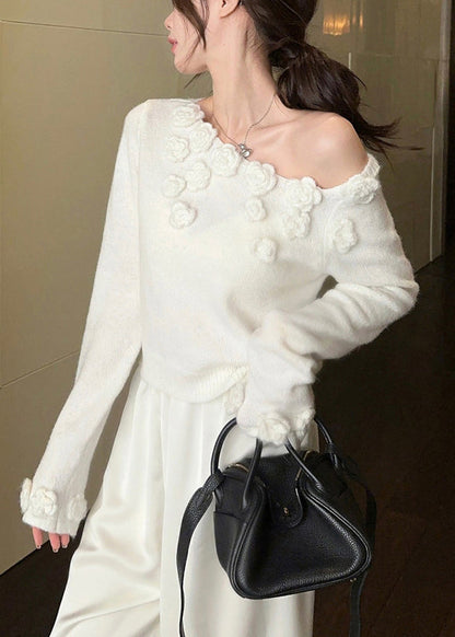 Stylish White Cold Shoulder Solid Knit Sweater Winter WK036 OM-SW241119
