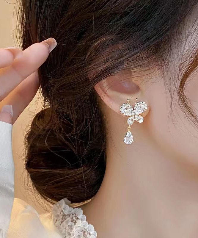 Stylish White Copper Alloy Zircon Butterfly Tassel Drop Earrings WH026 JEW-EAR241116