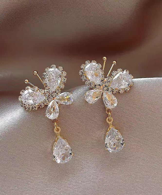 Stylish White Copper Alloy Zircon Butterfly Tassel Drop Earrings WH026 JEW-EAR241116