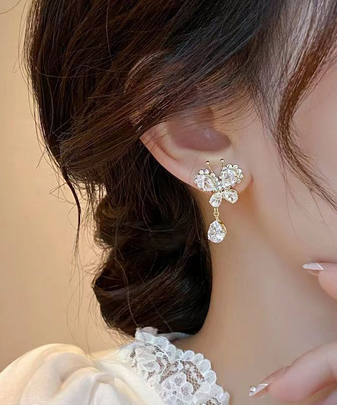 Stylish White Copper Alloy Zircon Butterfly Tassel Drop Earrings WH026 JEW-EAR241116