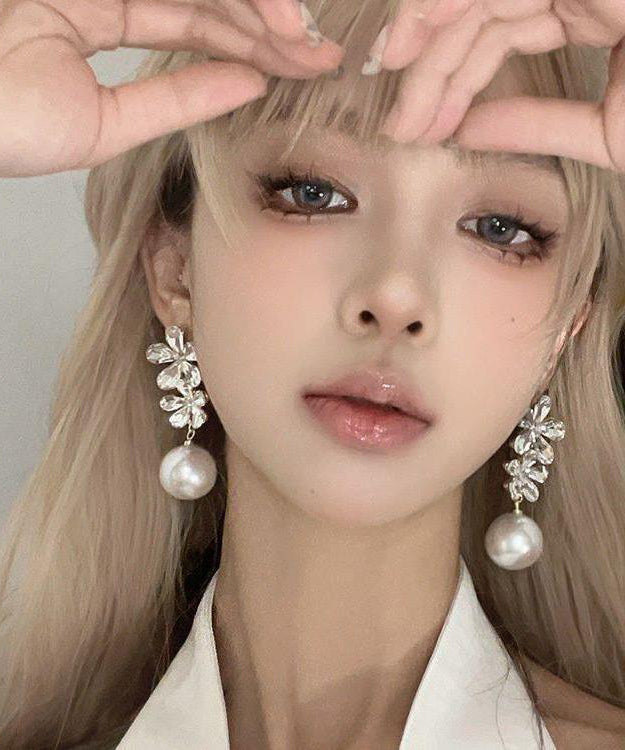 White Zircon Copper Floral Drop Earrings Pearl Overgild Stylish FashionChic
