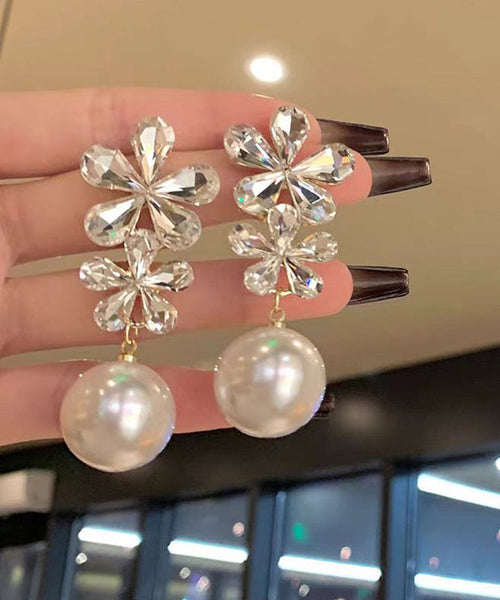 White Zircon Copper Floral Drop Earrings Pearl Overgild Stylish FashionChic