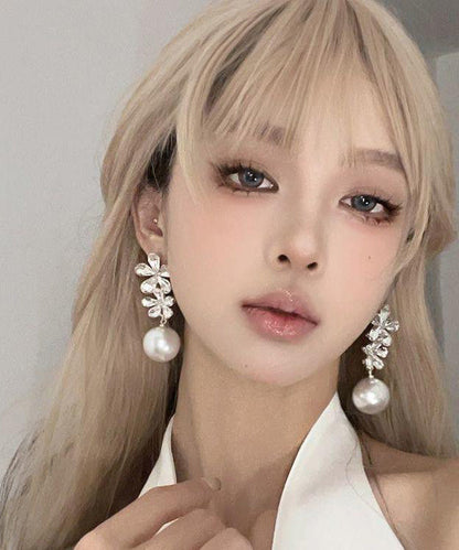 White Zircon Copper Floral Drop Earrings Pearl Overgild Stylish FashionChic