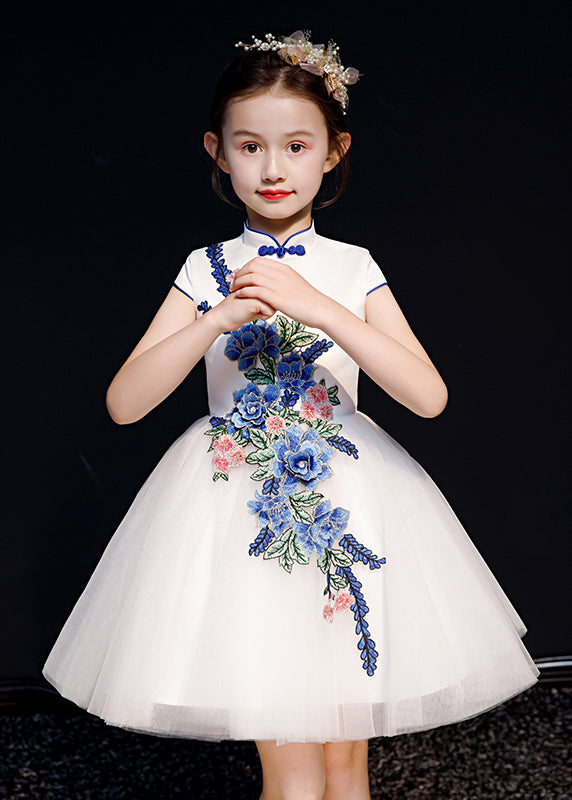 Long Embroideried Girls White Dress Summer Button Tulle Stylish FashionChic