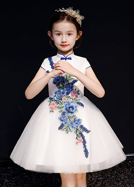 Long Embroideried Girls White Dress Summer Button Tulle Stylish FashionChic