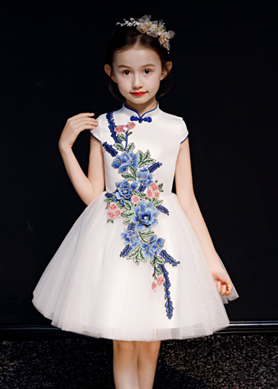 Long Embroideried Girls White Dress Summer Button Tulle Stylish FashionChic