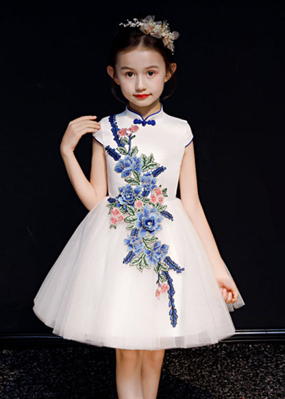 Long Embroideried Girls White Dress Summer Button Tulle Stylish FashionChic