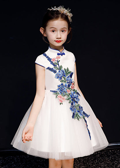 Long Embroideried Girls White Dress Summer Button Tulle Stylish FashionChic
