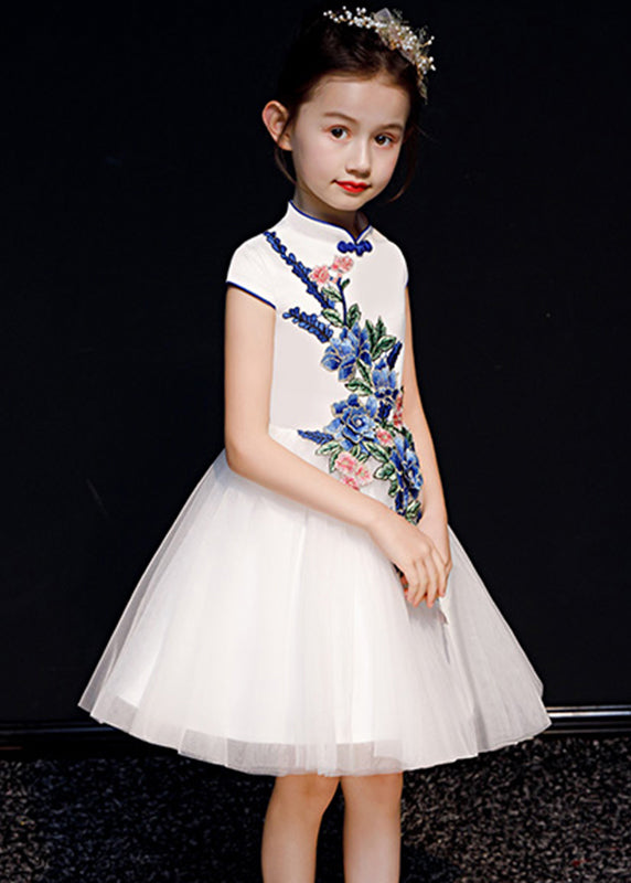 Long Embroideried Girls White Dress Summer Button Tulle Stylish FashionChic