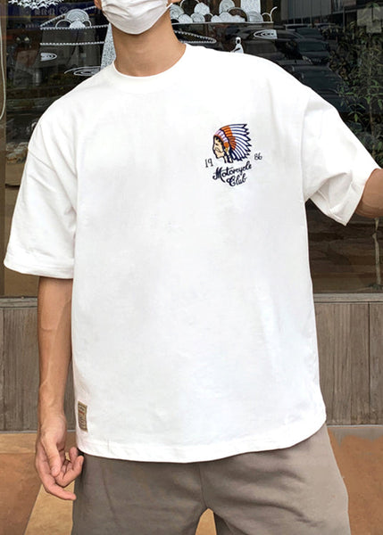 T Men Stylish Embroideried O-Neck Summer Cotton Shirt White FashionChic