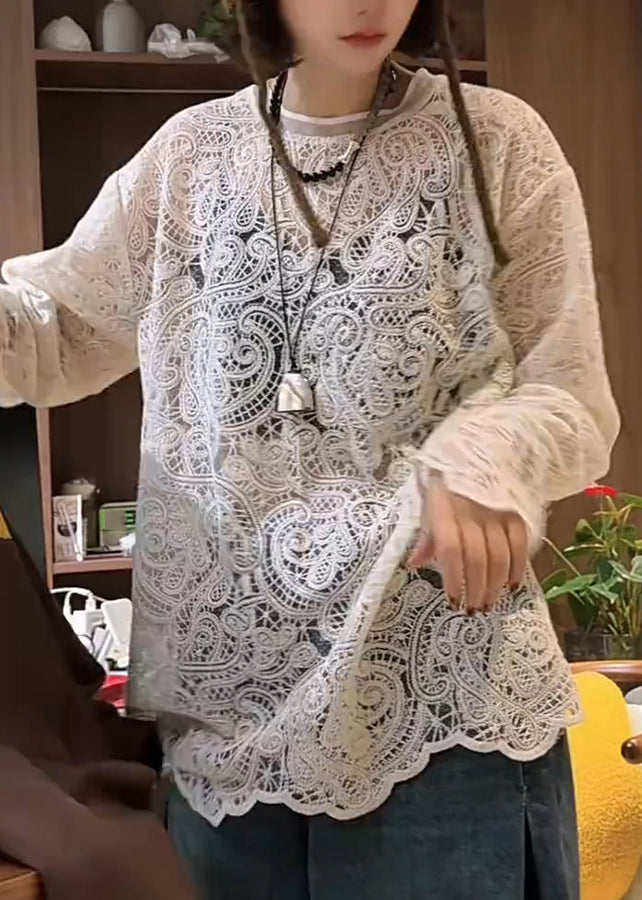 T O-Neck Spring Hollow White Out Shirt Lace Stylish FashionChic