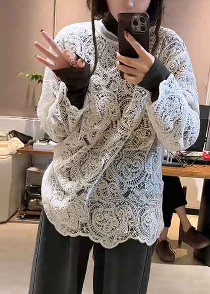 T O-Neck Spring Hollow White Out Shirt Lace Stylish FashionChic