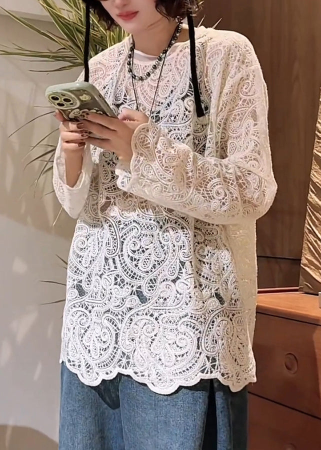 T O-Neck Spring Hollow White Out Shirt Lace Stylish FashionChic