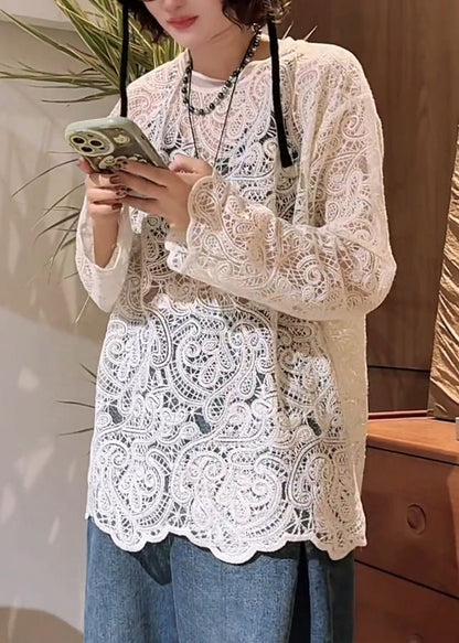 T O-Neck Spring Hollow White Out Shirt Lace Stylish FashionChic