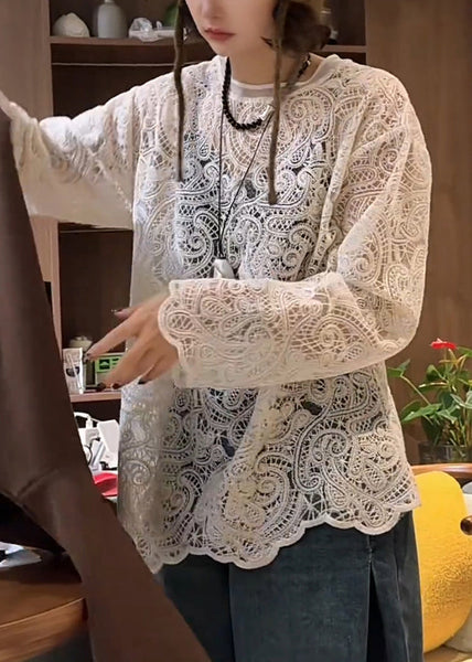 T O-Neck Spring Hollow White Out Shirt Lace Stylish FashionChic