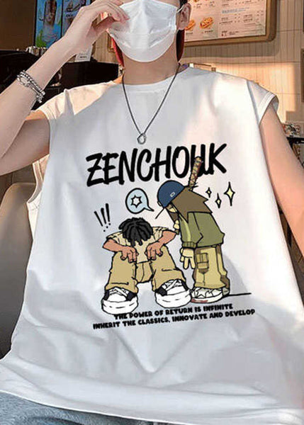 Summer Shirt Stylish Cotton White Print T Men O-Neck FashionChic