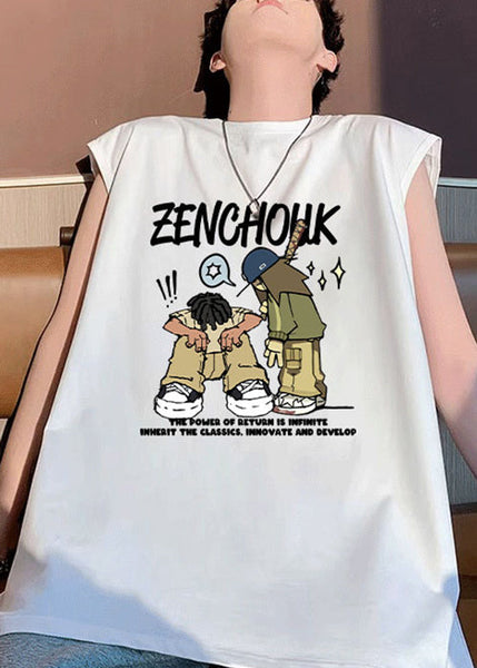 Summer Shirt Stylish Cotton White Print T Men O-Neck FashionChic