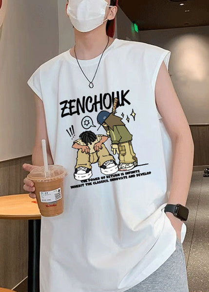 Summer Shirt Stylish Cotton White Print T Men O-Neck FashionChic