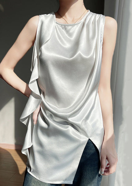 Tank White Open Silk Sleeveless Stylish Side Neck O FashionChic