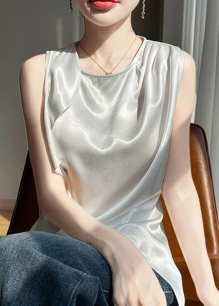 Tank White Open Silk Sleeveless Stylish Side Neck O FashionChic