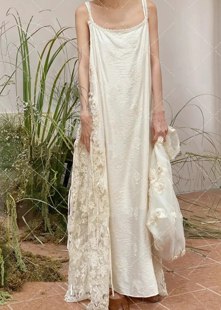 Patchwork Lace Spaghetti Oversized Dress Strap White Stylish FashionChic