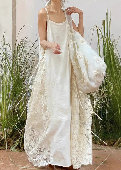 Patchwork Lace Spaghetti Oversized Dress Strap White Stylish FashionChic