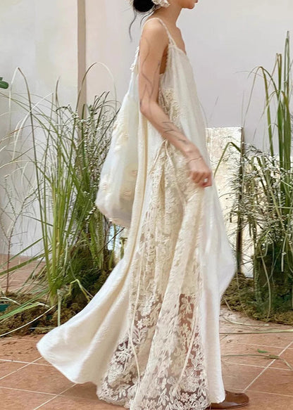 Patchwork Lace Spaghetti Oversized Dress Strap White Stylish FashionChic