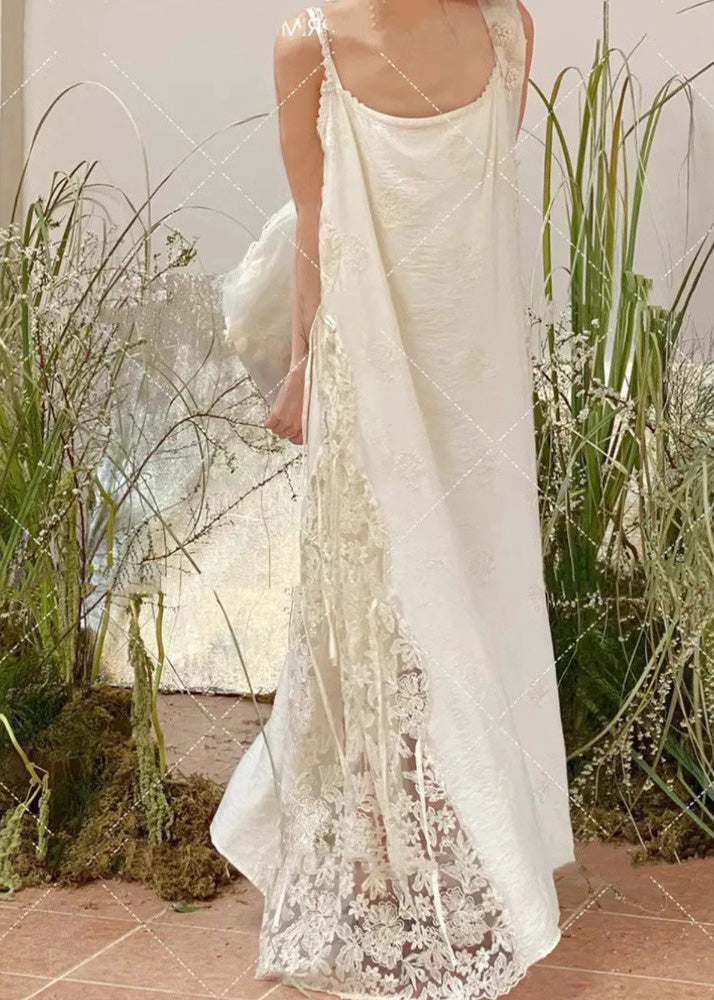 Patchwork Lace Spaghetti Oversized Dress Strap White Stylish FashionChic